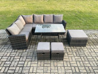 Fimous Outdoor Furniture Garden Dining Set Rattan Corner Sofa Set with Rectangular Dining Table 3 Footstools Dark Grey Mixed