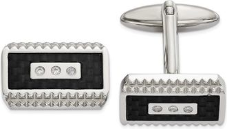 Diamond2Deal Stainless Steel Polished and Textured Black Carbon Fiber Inlay Cubic Zirconia Cufflinks