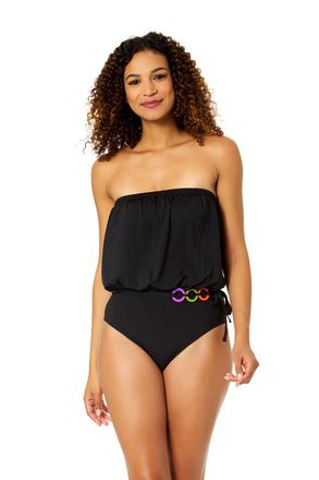 Anne Cole Womens Mod Tropical Black Strapless Belted Ring One Piece Swimsuit at Nordstrom, Size 10