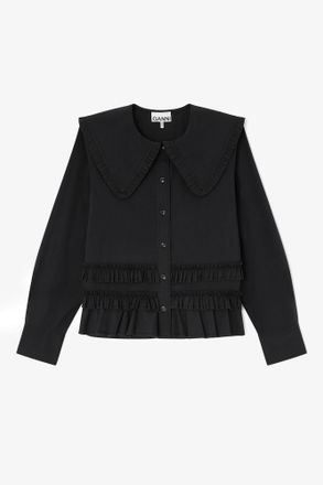 Ganni Black Stretch Cotton Ruffle Shirt - Size 10/12 Organic