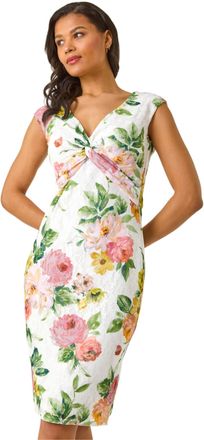 Roman Womens Rose Print Lace Knot Stretch Dress - Peach - Size 12 UK