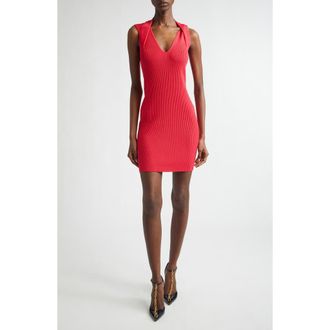 Balmain Twist V-Neck Rib Sweater Minidress in Live Fuchsia at Nordstrom, Size 12 Us
