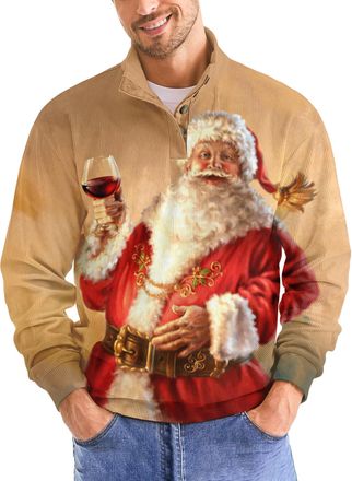 Generic Christmas Sweatshirts for Men Fashion Xmas Graphic Print Long Sleeve Sweatshirt Stand Collar Button Slim Pullover Tops
