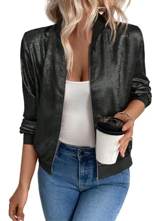 Generic Womens Bomber Jackets Long Sleeve Zip Up Lightweight Sparkly Shiny Metallic Jacket Tops Fashion Casual Baseball Coats Cardigan Outwear, Xs-5Xl Black X