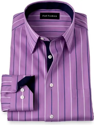 Paul Fredrick Cotton Point Collar Pinpoint Tailored Contrast Trim Button Cuff Long Sleeve in Purple at Nordstrom, Size 17 X 32