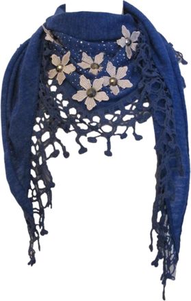 Generic Sparkly soft knitted triangle scarf or wrap with floral applique and tassels (Blue)