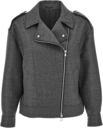Brunello Cucinelli Womens Dark Grey Wool Moto Jacket, Size 42