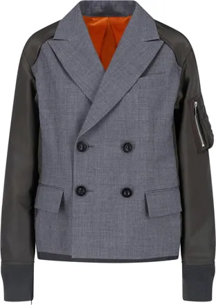 sacai Double-Breasted Grey Nylon Twill Blazer with Zip Details