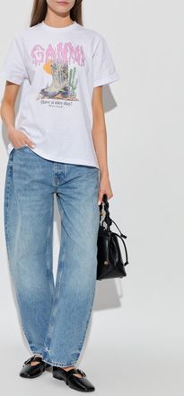 Ganni T-shirt With A Colorful Print, Womens, White