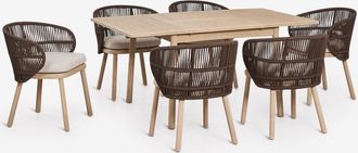 Sklum Set De Mesa 100-160x100 Cm Extensible Karvia Y 6 Sillas De Comedor En Madera De Acacia Y Cuerda Trenzada Capri Sklum