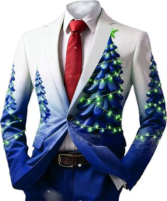 Generic Mens Christmas Suits - Festive Holiday Light Up Xmas Trees Jacket Funny ChristmasCostume Slim Fit Suit Party Lapel Blazer Jackets Men Christmas Festiv