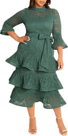 Buxom Couture Tiered Lace Long Sleeve Maxi Dress in Emerald at Nordstrom, Size 1 X