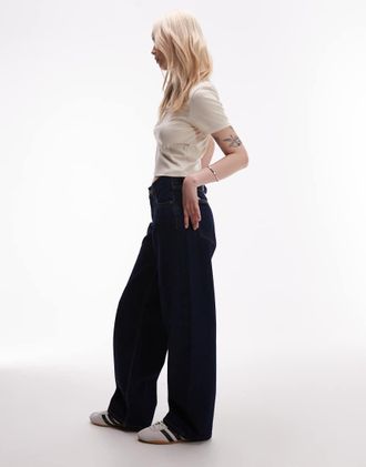 Topshop Petite Cinch - Jeans comodi a vita bassa blu indaco effetto grezzo con cinturino