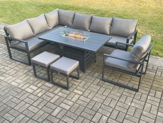 Fimous Aluminium Patio Outdoor Garden Furniture Corner Sofa Set Gas Fire Pit Dining Table with Chair Small Footstools Dark Grey