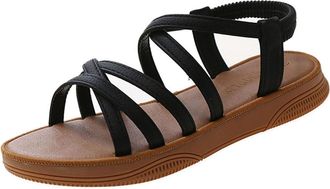 Generic Black Women Strappy Flat Sandals Casual Beach Slide Sandals Open Toe Elastic Back Strap Comfortable Footbed Spring Summer Footwear