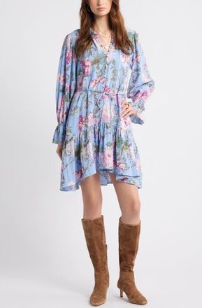 Treasure & Bond Floral Long Sleeve Drop Waist Dress in Blue Garden Floral at Nordstrom, Size Xx-Large