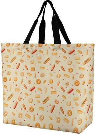 Generic Hot Dog Donuts Large Reusable Shopping Bag Lightweight Foldable Tote Bags Washable Shoulder Handbag