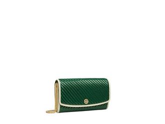 Tory Burch Robinson Patent Puffy Quilted Chain Wallet Cross Body Womens Handbags Pine Tree, Chain/Gold Tone/Leather