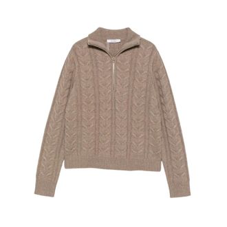 Max Mara Libero Trui met Kabelsteek en Kwart-Ritssluiting - Dames - Ronde hals truien - Bruin - L - Kasjmier - Truien & Vesten