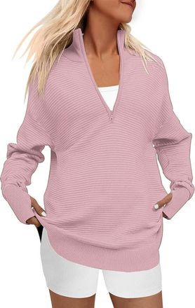 Generic My Orders UK My Recent Orders Comfy Oversized Sweatshirt Womens Fashion Solid Color Long Sleeve Half Zip V Neck Casual Rib Knit Sweater Plus Size Blac