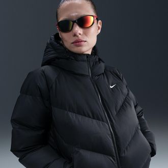 Nike Womens Nike Sportswear Windpuffer Storm-FIT Loose Hooded Down Puffer in Black | IF2591-010