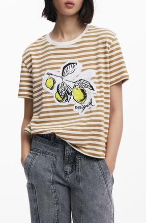Desigual Stripe Lemon Appliqu&eacute; Cotton Graphic T-Shirt in White at Nordstrom Rack, Size X-Large