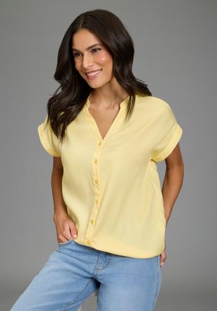 Boysen's Hemdbluse BOYSENS, Damen, Gr. 32/34, hellgelb, Web, Obermaterial: 100% Viskose, oversize, V-Ausschnitt, Blusen Hemdbluse, im Oversized-Style mit Ballo