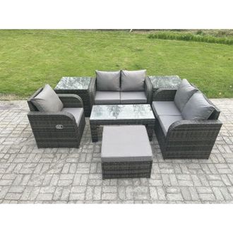 Fimous Rattan Outdoor Garden Furniture Sofa Set Patio Table & Chairs Set with Big Footstool 2 Side Tables Dark Grey Mixed - Fimous
