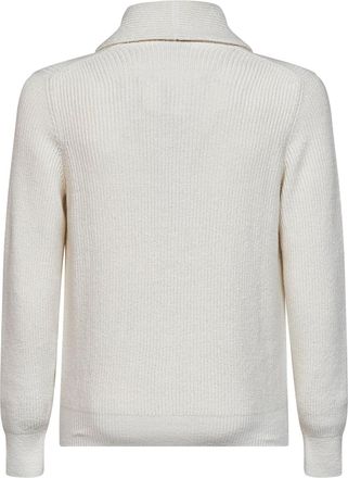 Brunello Cucinelli Mens Cardigan Shawl Collar English Rib Knit Ivory Cotton Cardigans Sweater