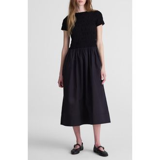 Madewell Smocked Boatneck Midi Dress in Jet Black at Nordstrom, Size Xx-Small
