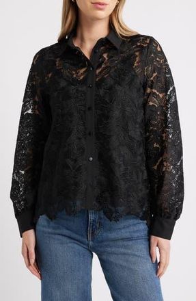 Caslon Long Sleeve Lace Button Up Shirt in Black at Nordstrom Rack, Size Xx-Small
