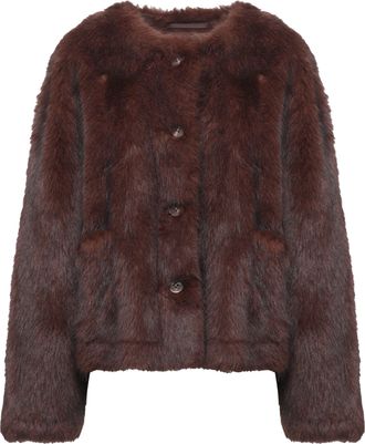 Stand Studio Cropped Brown Faux Fur Jacket with Round Neck