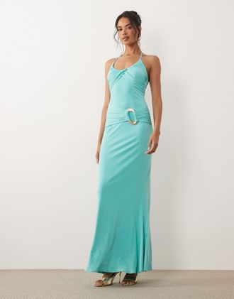 Tfnc Vestito lungo aderente color acqua con spalline sottili e finiture allacciate al collo-Blu