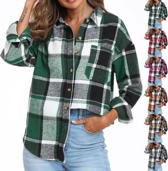 Generic Flannel Plaid Shirts for Women UK Ladies Long Sleeve Button Down Check Blouse Loose Fit Casual Cotton Tops with Pockets Fashion Comfortable Classic Ch