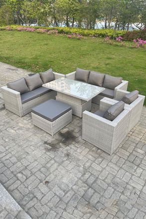 Fimous Rattan Garden Funiture Set Height Adjustable Rising Lifting Table Sofa Dining Set Lounge Sofa in Light Grey