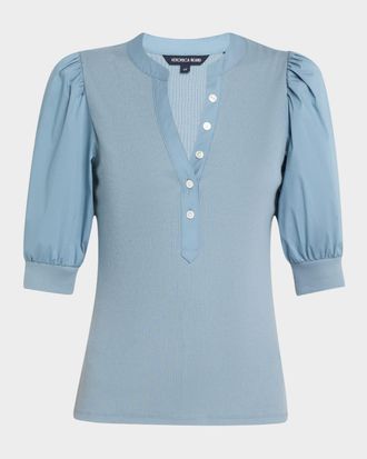 Veronica Beard Coralee Puff Sleeve Button-Front Top