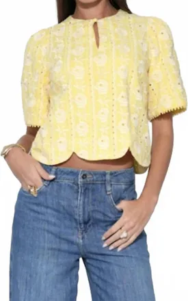 Adelyn Rae Eleanor Scallop Foral Embroidery Blouse In Light Yellow