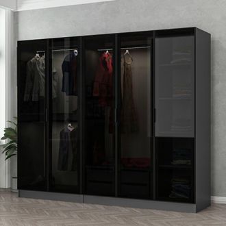 Dmora Armario Gran Sinibalda, Ropero Dormitorio Perchero, 6 Estantes, 5 Puertas, 225x210h Cm Negro Antracita