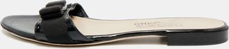 Ferragamo Black Patent Leather Vara Bow Open Toe Flats