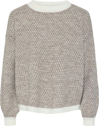 Pieces Rundhalspullover PIECES PCDILIPPA LS O-NECK KNIT MM, Damen, Gr. XL, braun (crockery aop:cloud dancer), Strick, Obermaterial: 79% Polyester, 13% Polyac