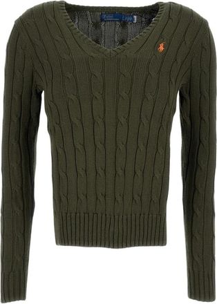 Polo Ralph Lauren Cable-Knit V-Neck Pullover - Dames - V-hals truien - Groen - S - Katoen - Truien & Vesten