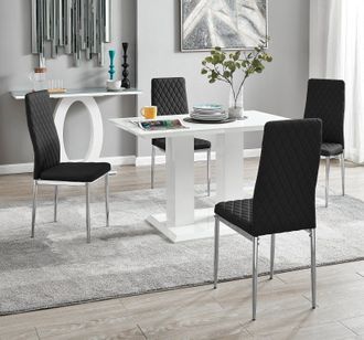 Furniturebox Imperia 4 Seater Modern White High Gloss Rectangular Dining Table & 4 Milan Faux Leather Chairs in Black
