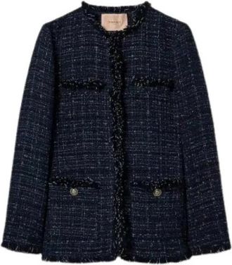 Twinset Gevlochten Stofjas met Franje Afwerking - Dames - Blazers - Blauw - XS - Katoen - Jassen