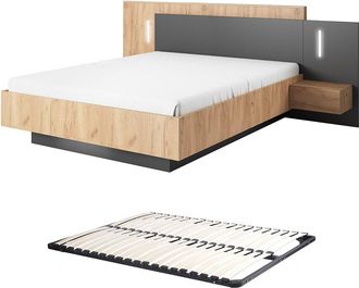 Vente-Unique Cama con mesitas de noche 140 x 190 cm - 2 cajones - Con LEDs - Color: Natural y antracita + Somier - FRANCOLI