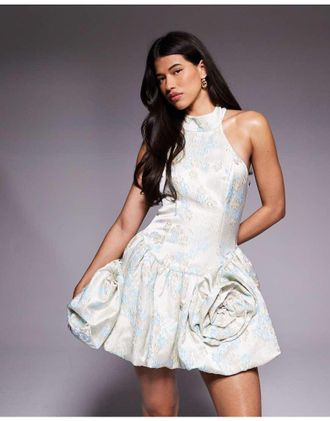 Asos Vestito corto in jacquard bianco e blu con fondo a palloncino allacciato al collo-Multicolore