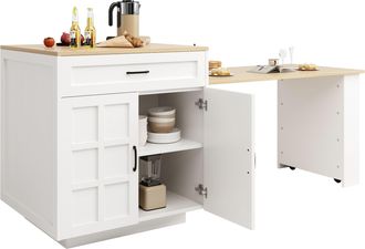 STILVORA Carro De Cocina Extensible Con 1 Caj&oacute;n Y Compartimentos Abiertos, Mesa Alta De Mdf, Blanco, 133-202x70x93,5 Cm