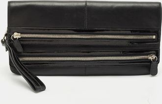 Coach Black Leather And Patent Leather Double Zip Long Clutch