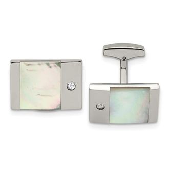 Diamond2Deal Stainless Steel Polished Mother of Pearl with Cubic Zirconia Rectangle Cufflinks