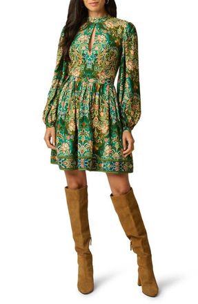 Adrianna Papell Print Mock Neck Long Sleeve Minidress in Olive Multi at Nordstrom, Size 12