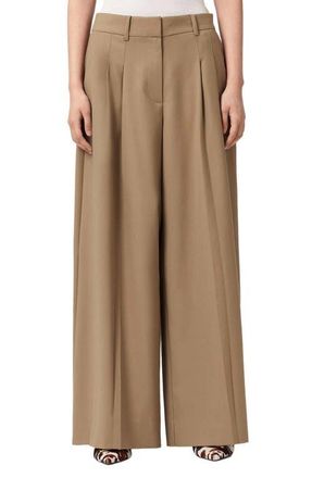 AllSaints Poppy Stretch Wool Blend Wide Leg Trousers in Sand Brown at Nordstrom, Size 10 Us